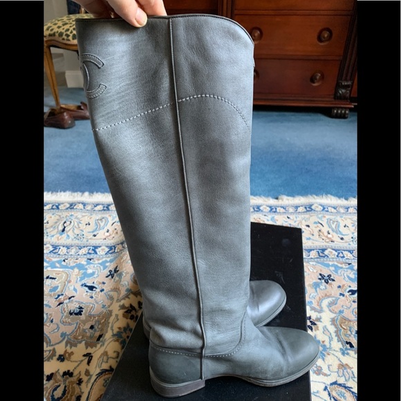 CHANEL Shoes Authentic Chanel Women Tall Grey Leather Riding Boots